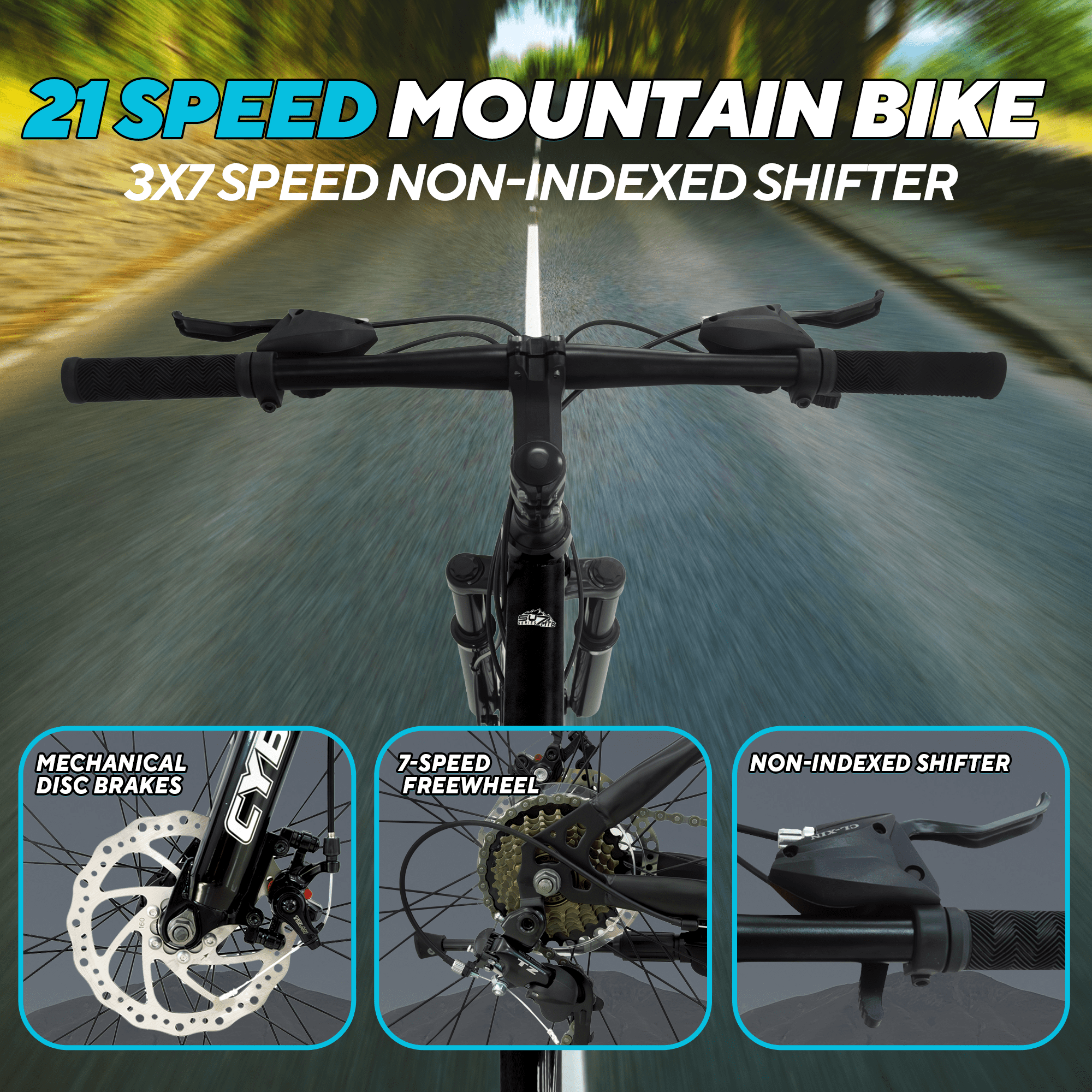 Cybic 26 Inch Mountain Bike, Iron Frame 21 Speed Bicycle with Disc Brakes, Durable All Terrain Bike for Men & Women, Black