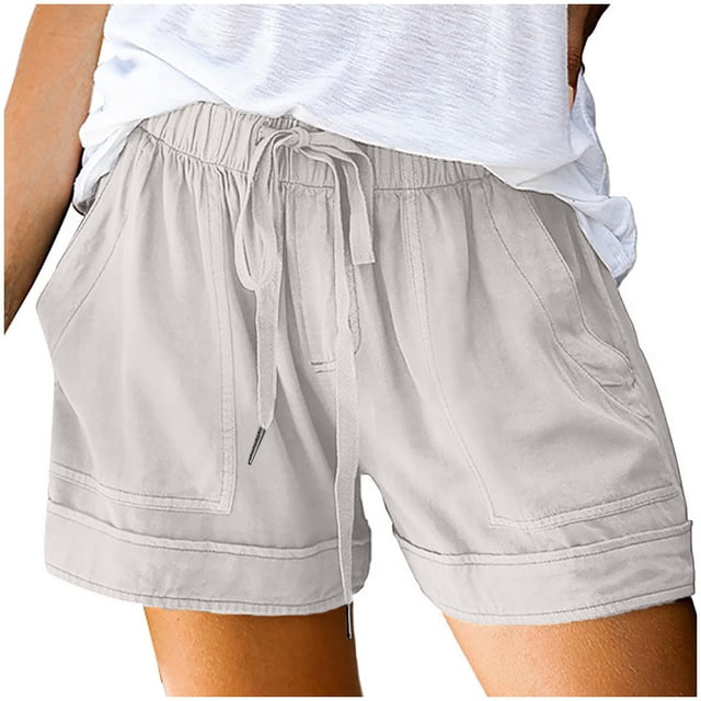 Pantalones cortos de talla grande para mujer - Pantalones cortos con cordón para playa de verano 2025 con bolsillos, cintura alta, corte holgado, algodón/poliéster, oficina/fiesta/vacaciones