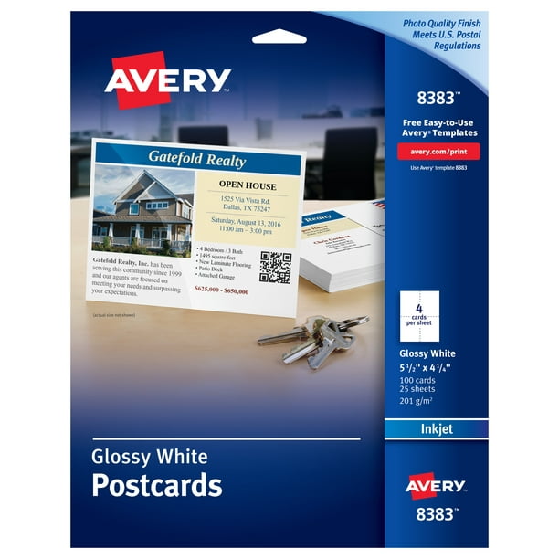 Avery Postcards, Glossy, TwoSided Printing, 51/2" x 41/4", 100 Cards