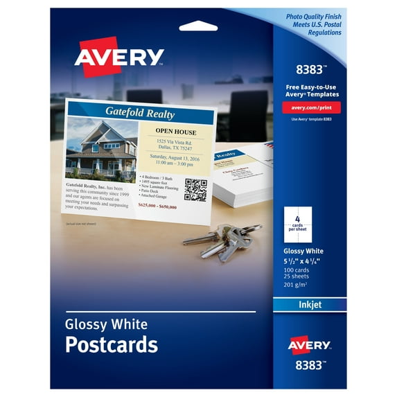 Photo-Quality Printable Postcards, Inkjet, 74 Lb, 4.25 X 5.5, Glossy White, 100 Cards, 4 Cards/sheet, 25 Sheets/pack | Bundle of 5 Packs