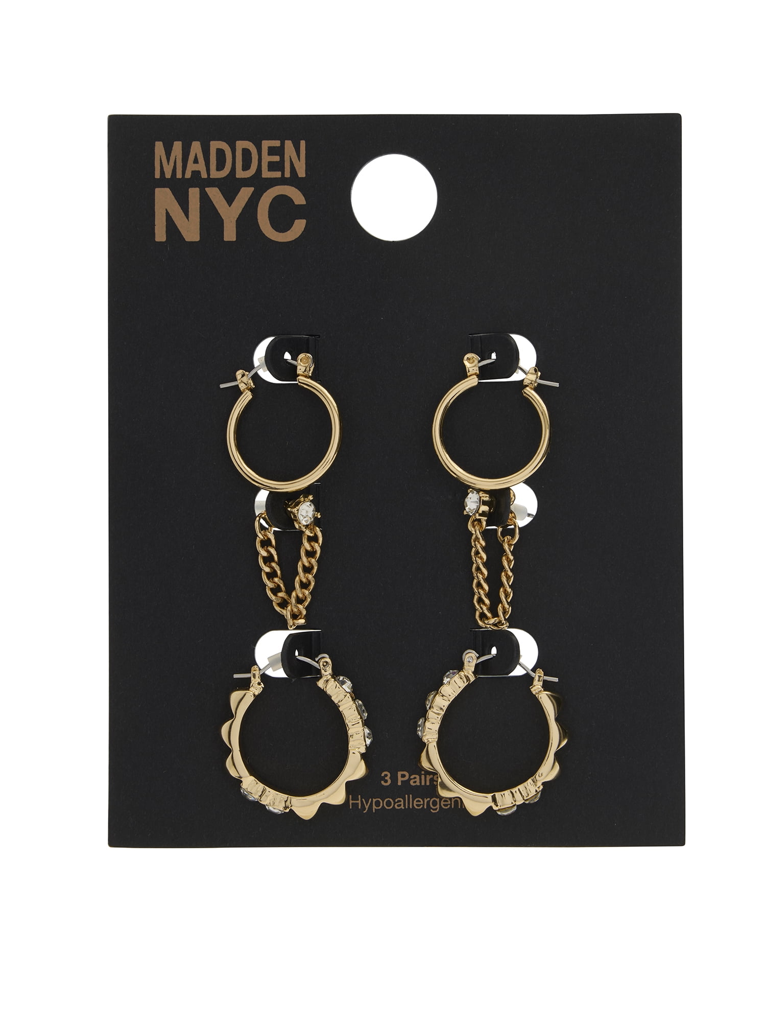 Madden NYC Women's Gold Tone Western Mixed Swag Chain & Hoop 3-Piece Earring Set
