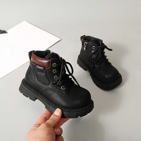 Cethrio Toddler Boys Ankle Boots, Outdoor School Non-Slip Soft Sole Lace-up Boots Black Size 7 (Toddler)