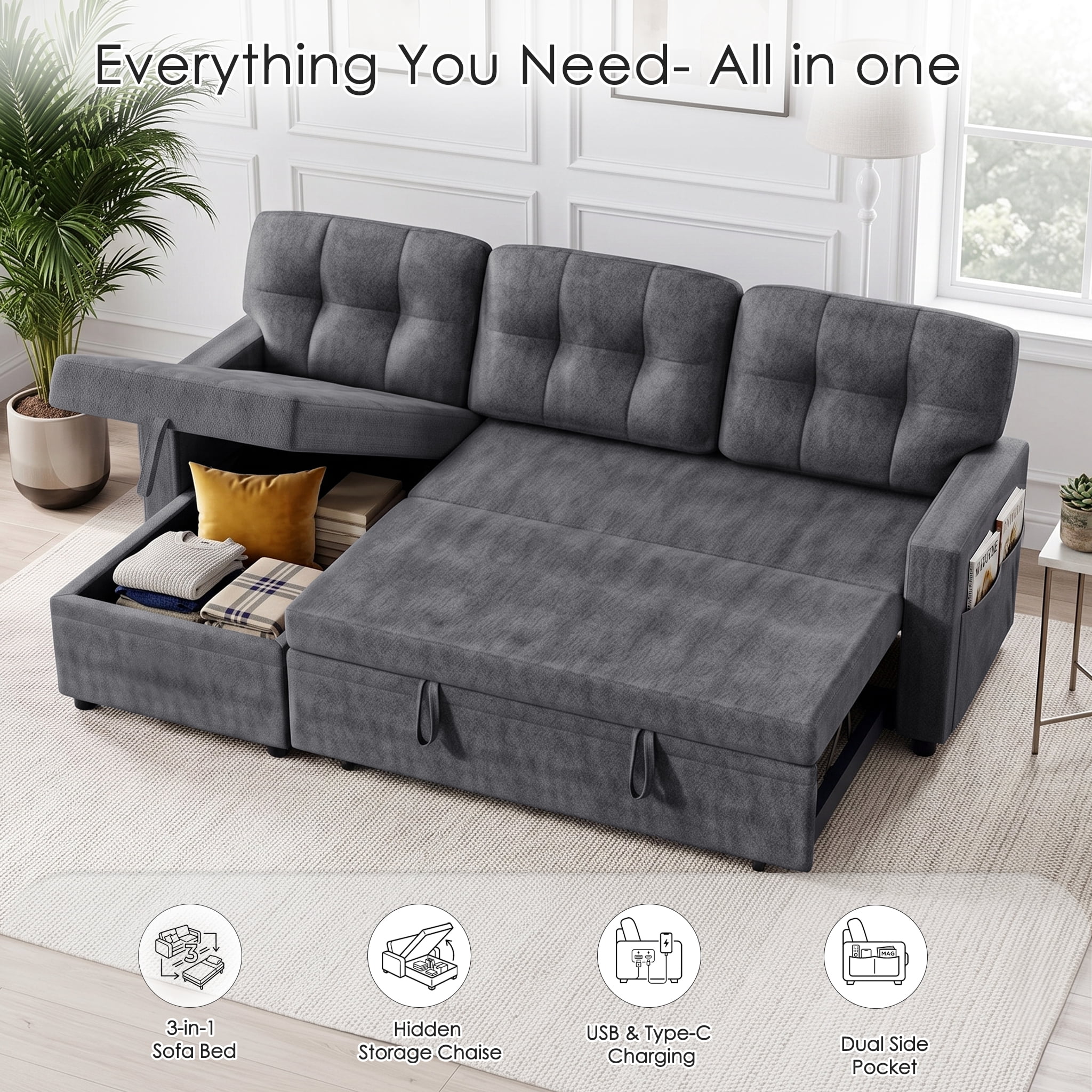 Xiweot Convertible Sleeper Sofa Bed, 82" L Shaped Sectional Couch with Pull Out Bed, Storage Chaise & Reversible Lounge, Teddy Fabric Compact Sectional Sofa for Living Room Apartment (Dark Grey)