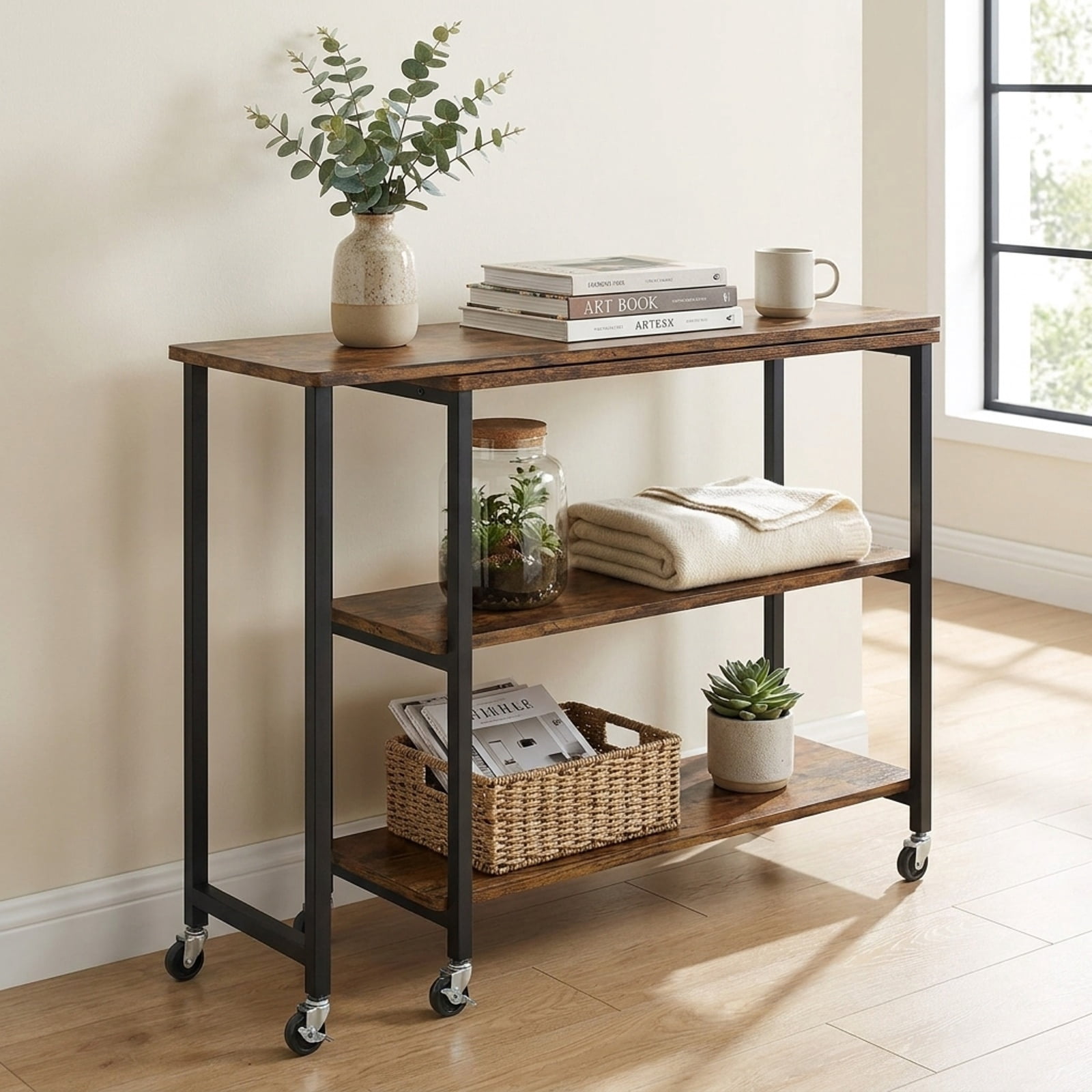 Furnibear Large 360 Degree Rotating Sofa Side Table with Lockable Wheels and Two Tier Storage Shelf for Living Room Office and Entryway, Rustic Brown