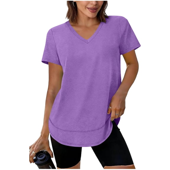GUACER Women's Short Sleeve V Neck T Shirts Casual Sport Loose Fit Basic Tops with Curved Hem Blouses for Ladies