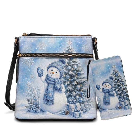 Yuyamidu Blue Snowman PU Leather Crossbody Bag for Women with Wallet 2‑Piece Shoulder Bag Daily Purse Set Adjustable Strap, Multiple Zipper Pockets, for Christmas Gifting, Daily Casual Outings