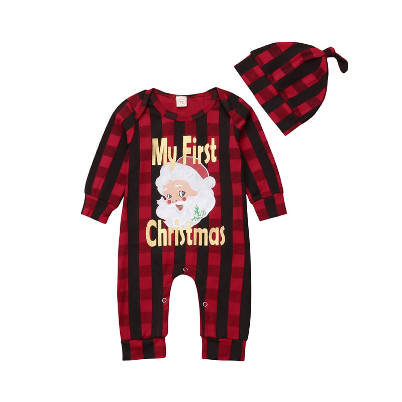 My 1st Christmas Newborn Baby Boy Girl Outfit Clothes Romper Merry Christmas Plaid Sleeve Jumpsuit Infant One-piece Clothing 