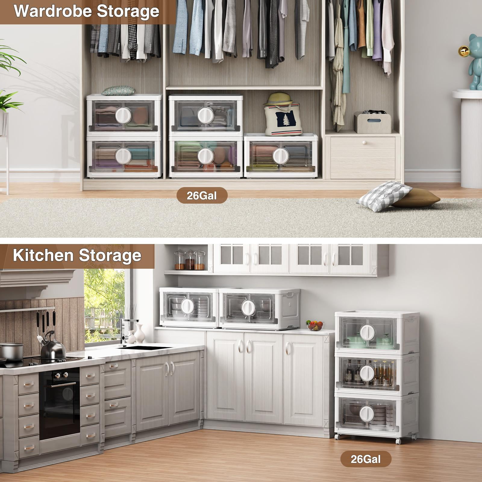 BROVIEW 480Qt Plastic Storage Bins with Lids, Large Stackable Storage Bins with Wheels, 120Ga Collapsible Closet Organizer and Storage Drawers, Storage Cabinets for Home, Office, 4 Pack, White Brown