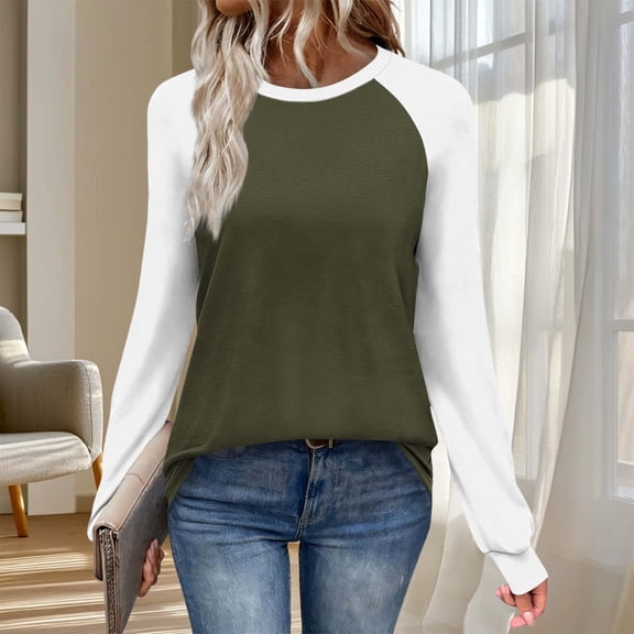 Fznquz Dressy Casual Tops for Women Trendy Green Long Sleeve Color Block Tees Spring Crewneck Womens Clothes 2026,S