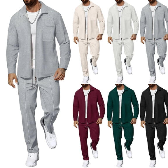 yuCgh Men's Solid Color Waffle Knit Zippered Cardigan Jacket Set, Slim Fit Two-Piece Outfit with Lapel Collar and Front Pockets for Casual Wear,Black L