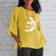 thumbnail image 2 of Nueva camisa de lino con cuello redondo informal de manga tres cuartos con estampado de Halloween Camiseta/camisa de manga corta con cuello redondo Pompotops hfajkhk141264, 2 of 5
