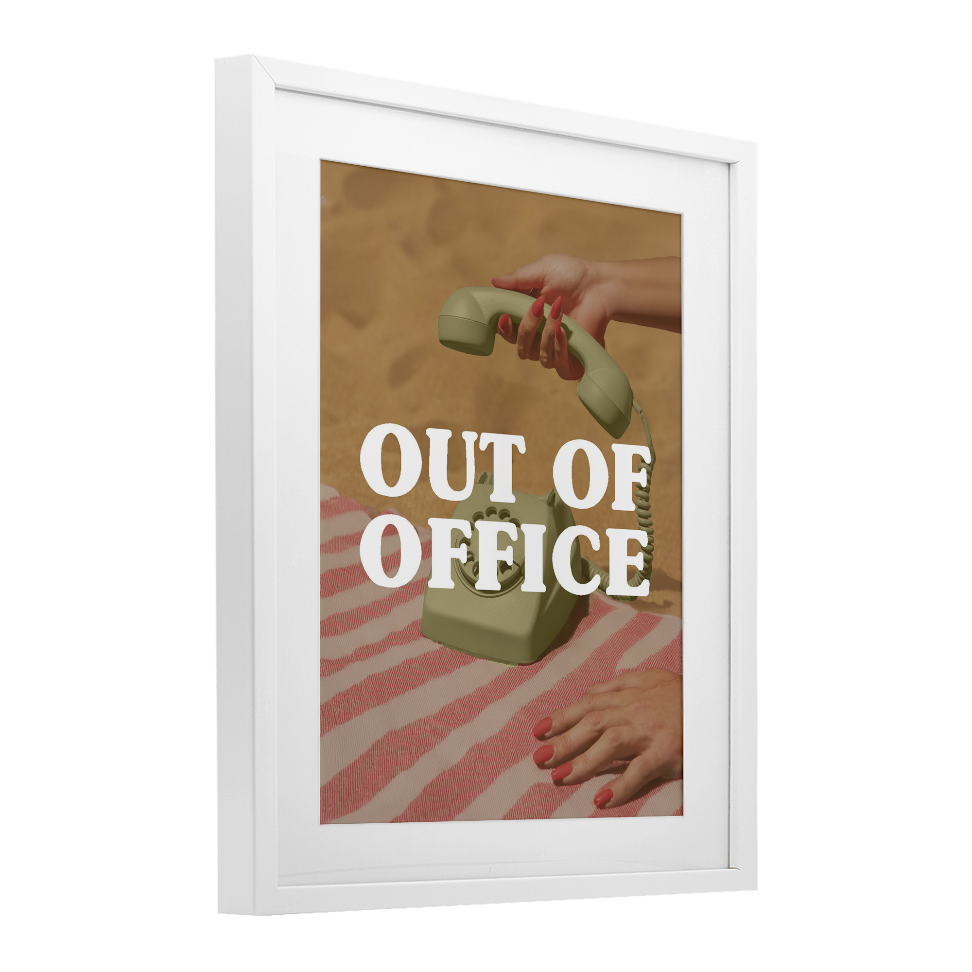 Out of Office Green Phone White Framed Print Under Glass, design by Lil' Rue
