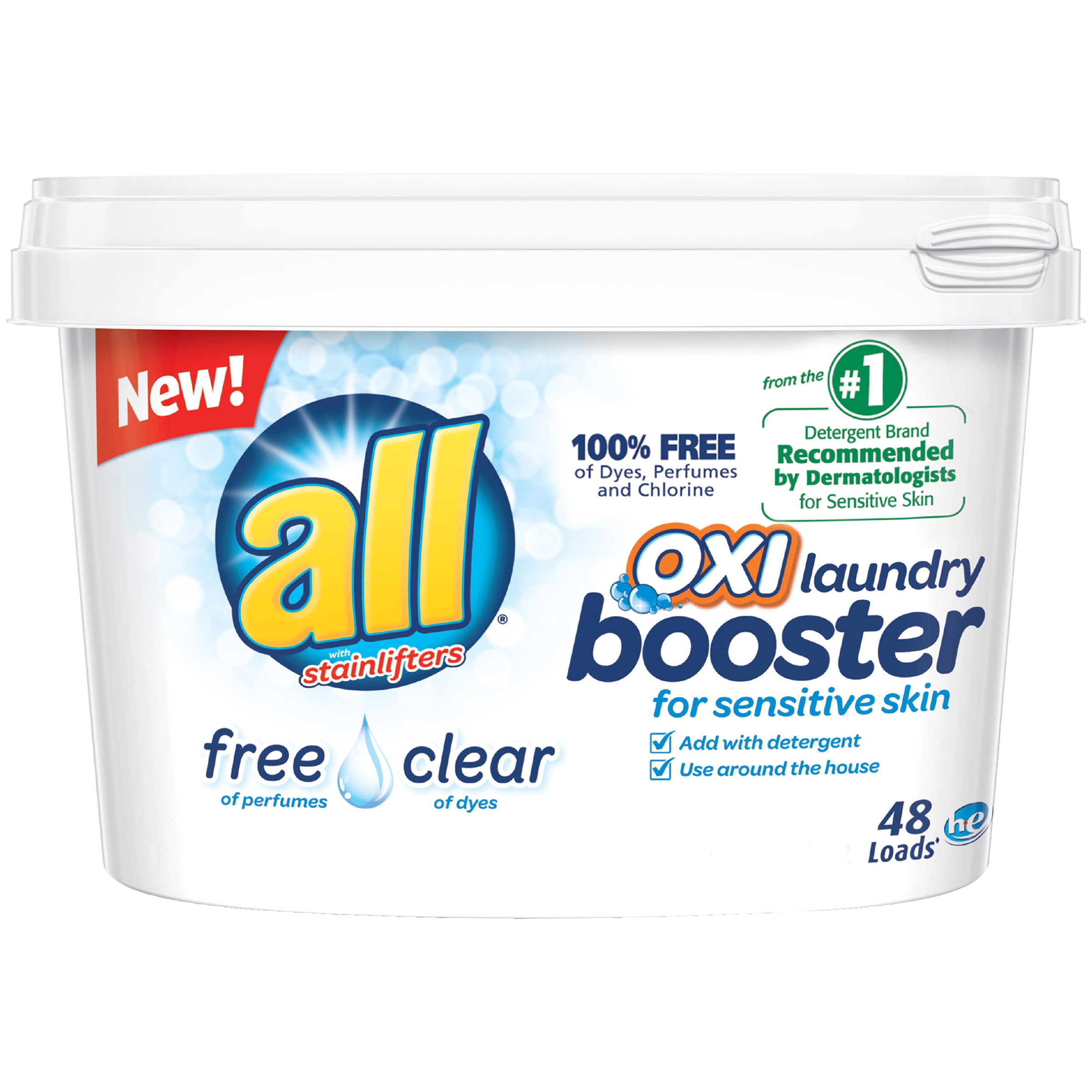 all OXI Laundry Booster for Sensitive Skin, Free Clear, 52 Ounces, 48