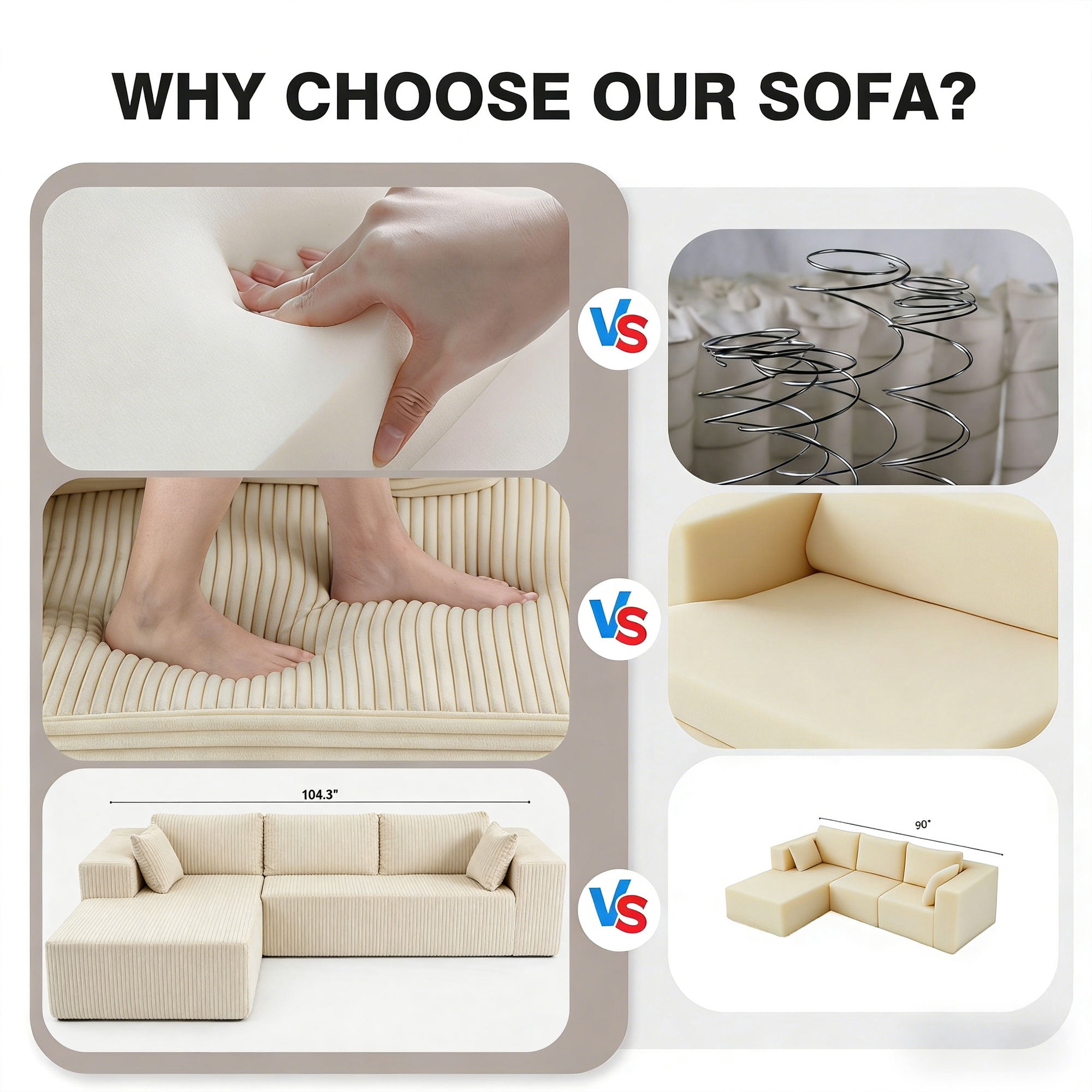 ROOMARK 104.3" L Shaped Sofa Modular, Corduroy Cloud Couches with Deep Seats &High-Back, Upholstered Couches for Living Room Bedroom with Chaise, No Assembly Required