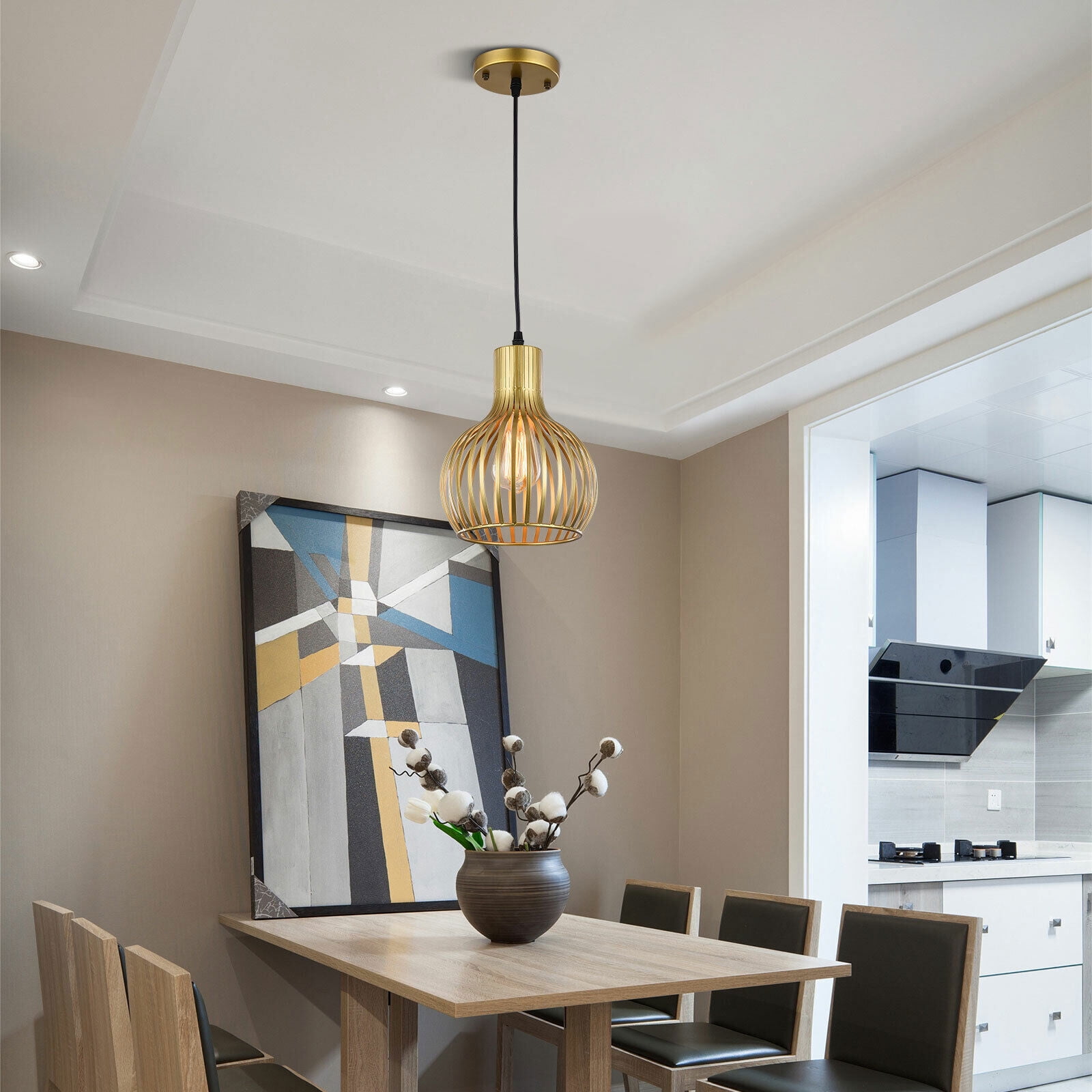 Modern Pendant Light Fixture, Gold, Metal, Hanging Ceiling Cage Lamp for Kitchen