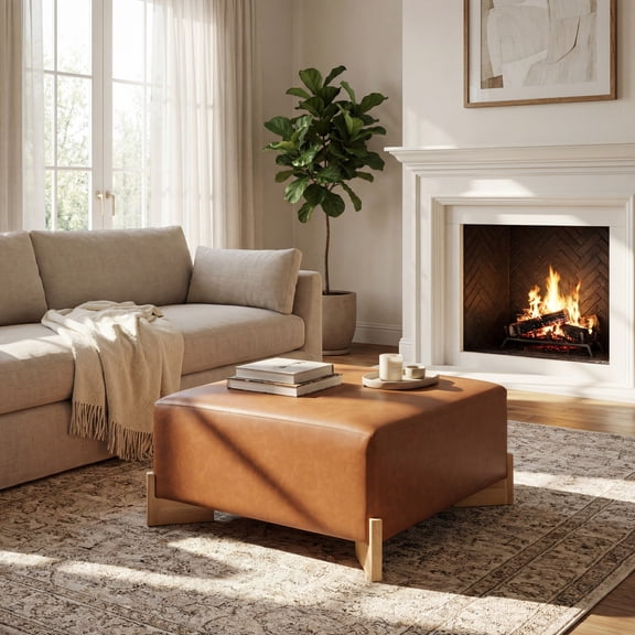 Christopher Knight Home Square PU Upholstered Ottoman with Solid Wood Legs, Brown Tan