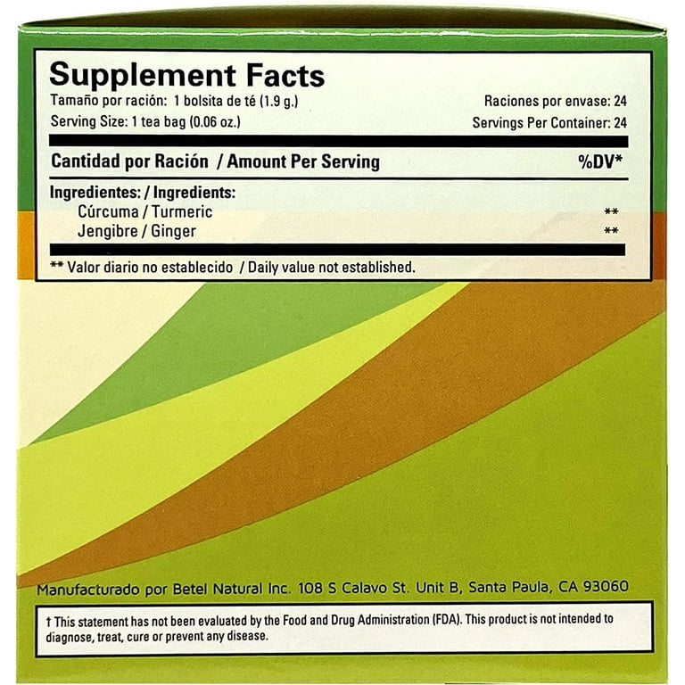Turmeric And Ginger Tea Te De Curcuma Y Jengibre By Betel Natural Natural Superfood Packed With Curcumins 24 Tea Bags Walmart Com