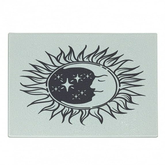 Moon Rays Cutting Board, Cartoon Style Art Depiction of Stars and Crescent in Sun Circle Print, Decorative Tempered Glass Cutting and Serving Board, in 3 Sizes, by Ambesonne