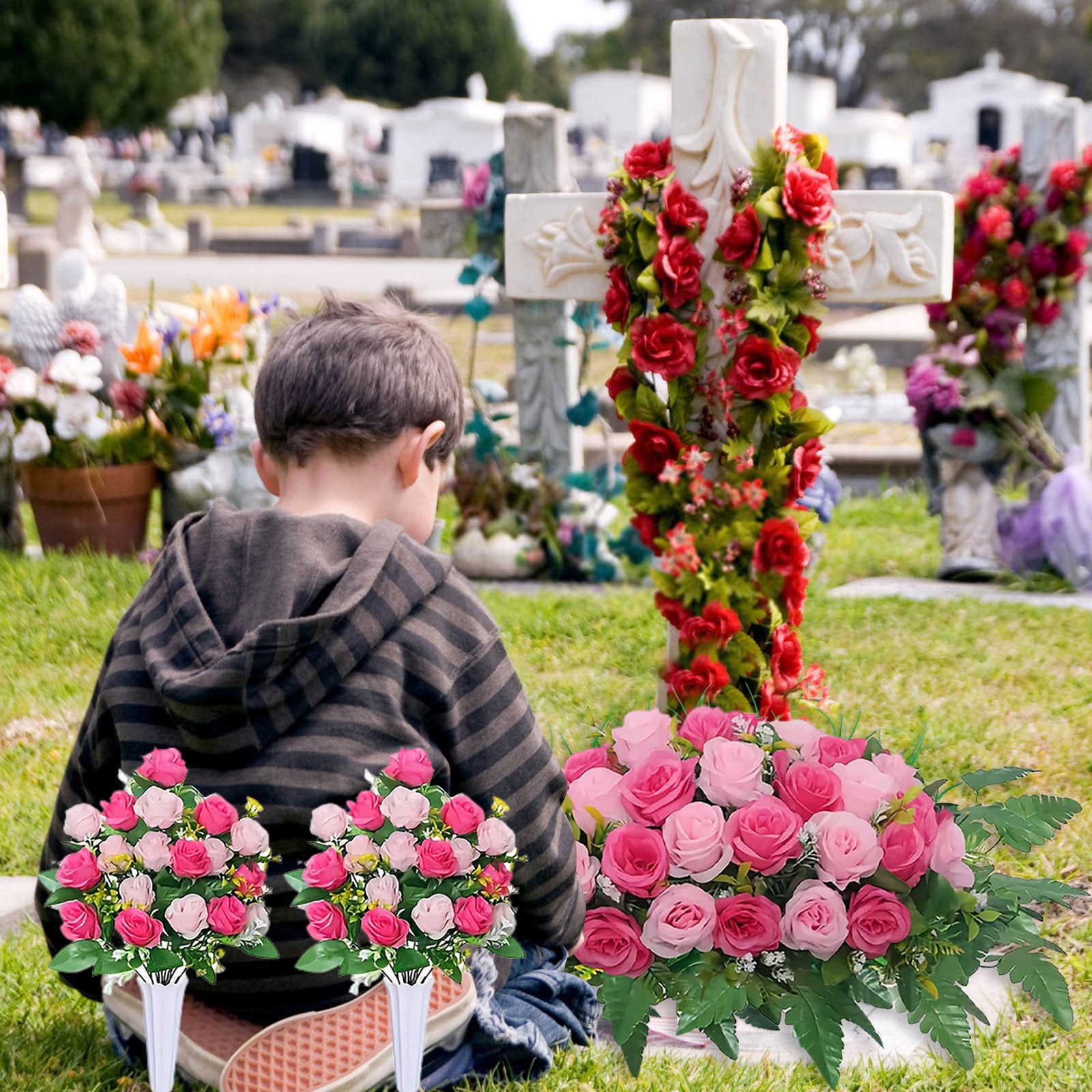 3PCS/Set Artificial Cemetery Flower Saddles, Memorial Grave Flowers with Rose Bouquet for Tombstone Headstone Decorations, for Outdoor Cemetery Vase, Long-Lasting Grave Decorations and Remembrance