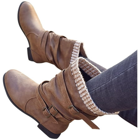 

Tuscom Women Boots Plus Size Women s Middle Mid Calf Boots Winter Buckle Strap Sweater Knitted Cuff Chunky Heels Slip On Retro Ladies Boots