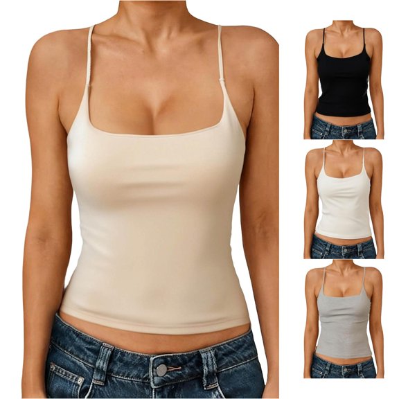 Rhuody Tank Tops Women Crewneck Spaghetti Strap Slim Fit Built In Bra Camisole Short Length Seamless Layering Shirts Versatile Clothes 3Xl Black