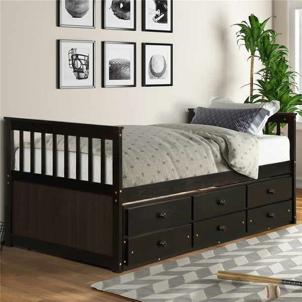 Twin Captain Bed With Trundle And, Twin Bed Frame With Storage Drawers Solid Wood Captains