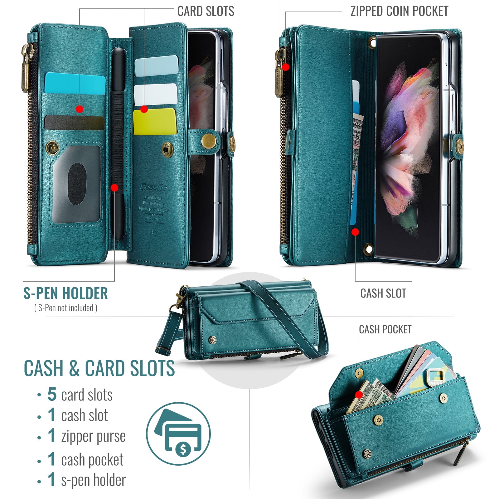 Dteck for Samsung Galaxy Z Fold 6 Case with RFID Blocking Wallet Case for Women Men, Shockproof PU Leather Magnetic Flip Strap Zipper Card Holder Phone Case,Green