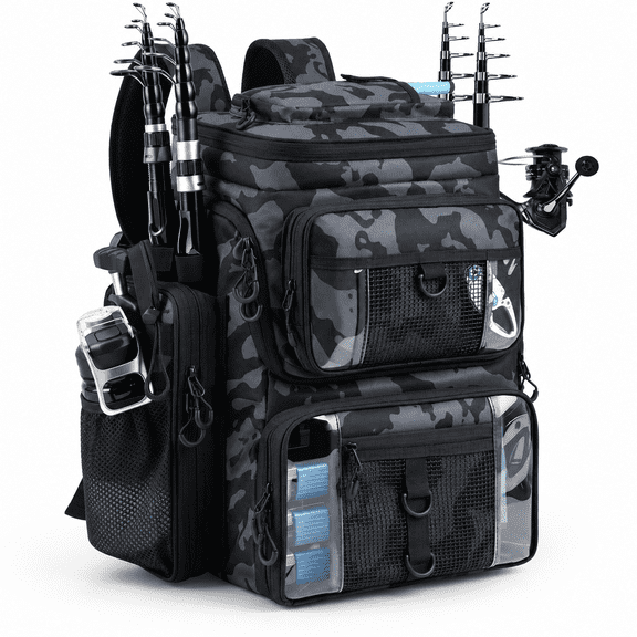 55L Large Camouflage Black Fishing Tackle Backpack with 4 Rod Holders