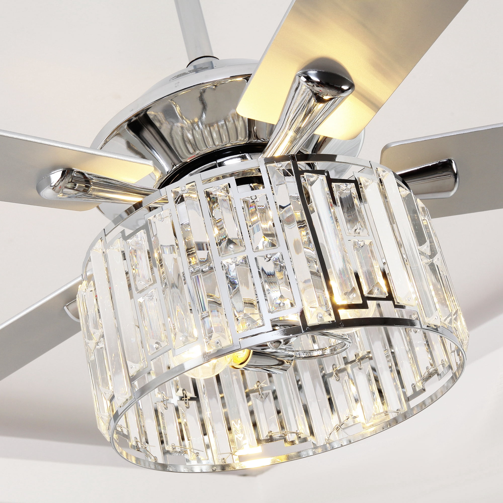 Parrot Uncle 52" Crystal Chandelier Ceiling Fan with Remote and Lights, Double-Sided Blades Fandelier, Chrome