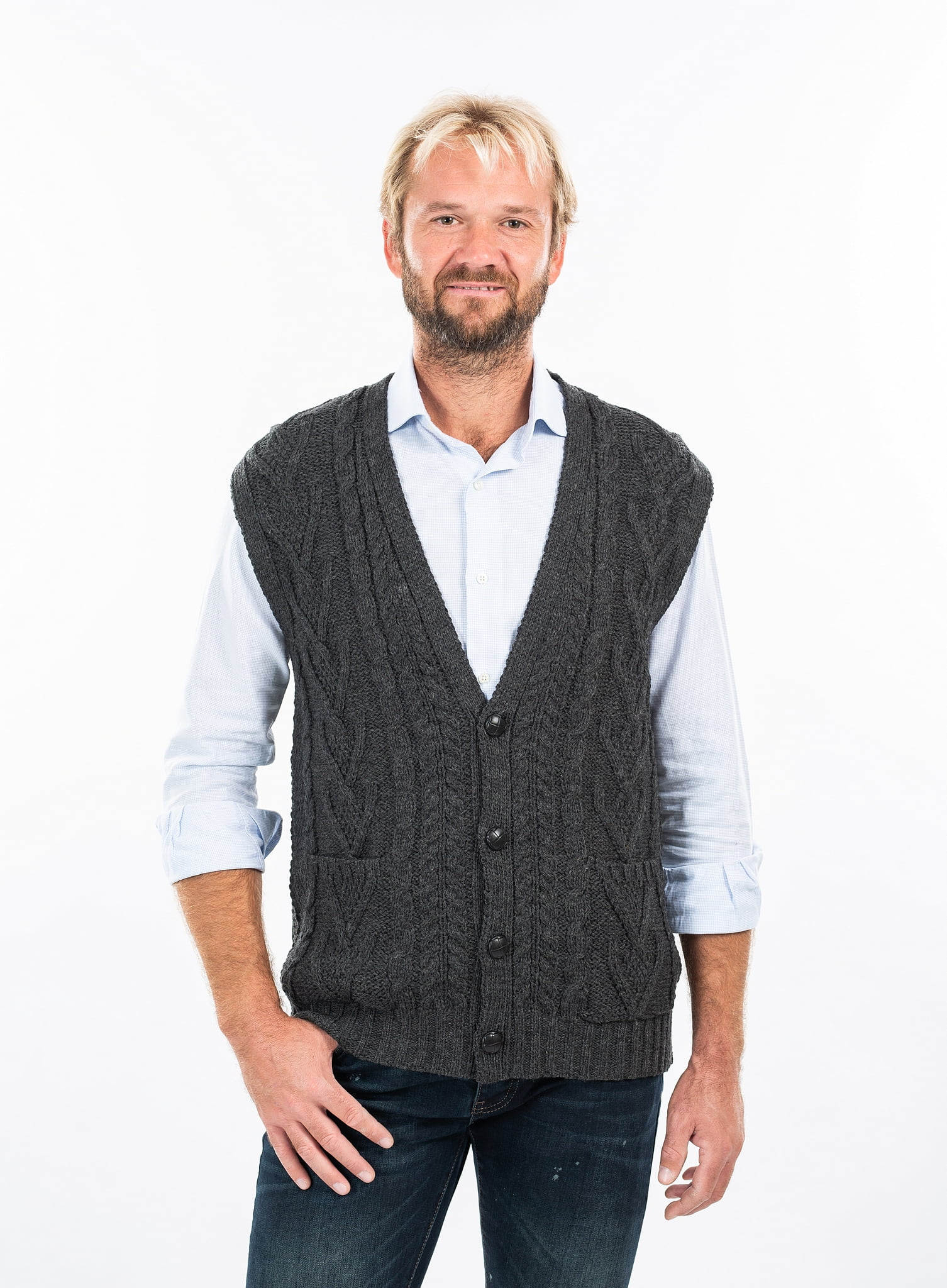 SAOL SAOL Sleeveless Cardigan for Men 100 Merino Wool Cable Knit V