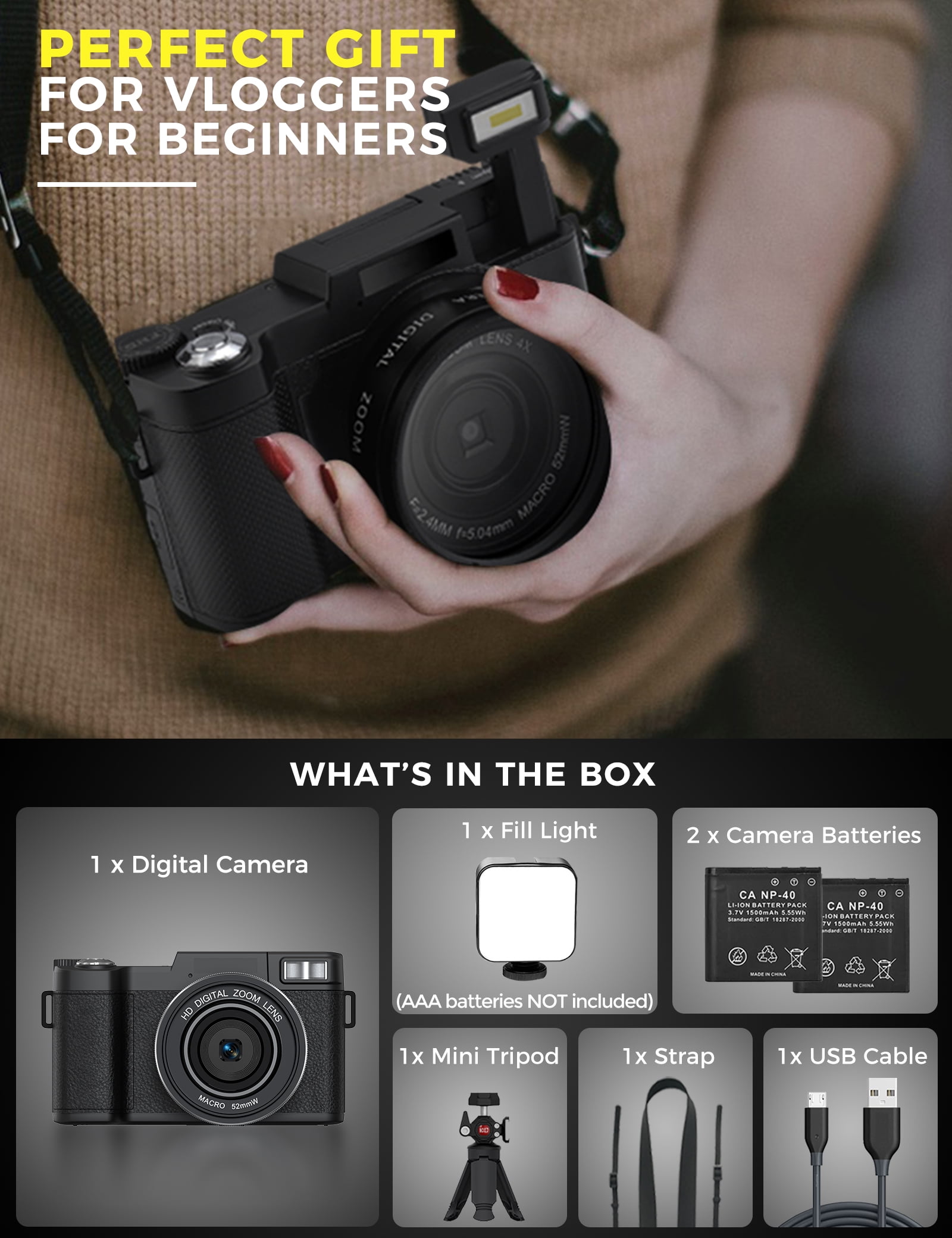 5K Vlogging Camera with WiFi 64MP 4K Digital Camera for Photography Vlog Camera with Flip Screen Video Camera for YouTube with Selfie Light, Mini Tripod, Batteries