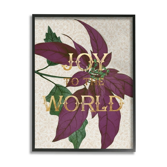 Stupell Industries Joy to the World Phrase Purple Poinsettia Floral Botanical & Floral Painting Black Framed Art Print Wall Art, 11 x 14
