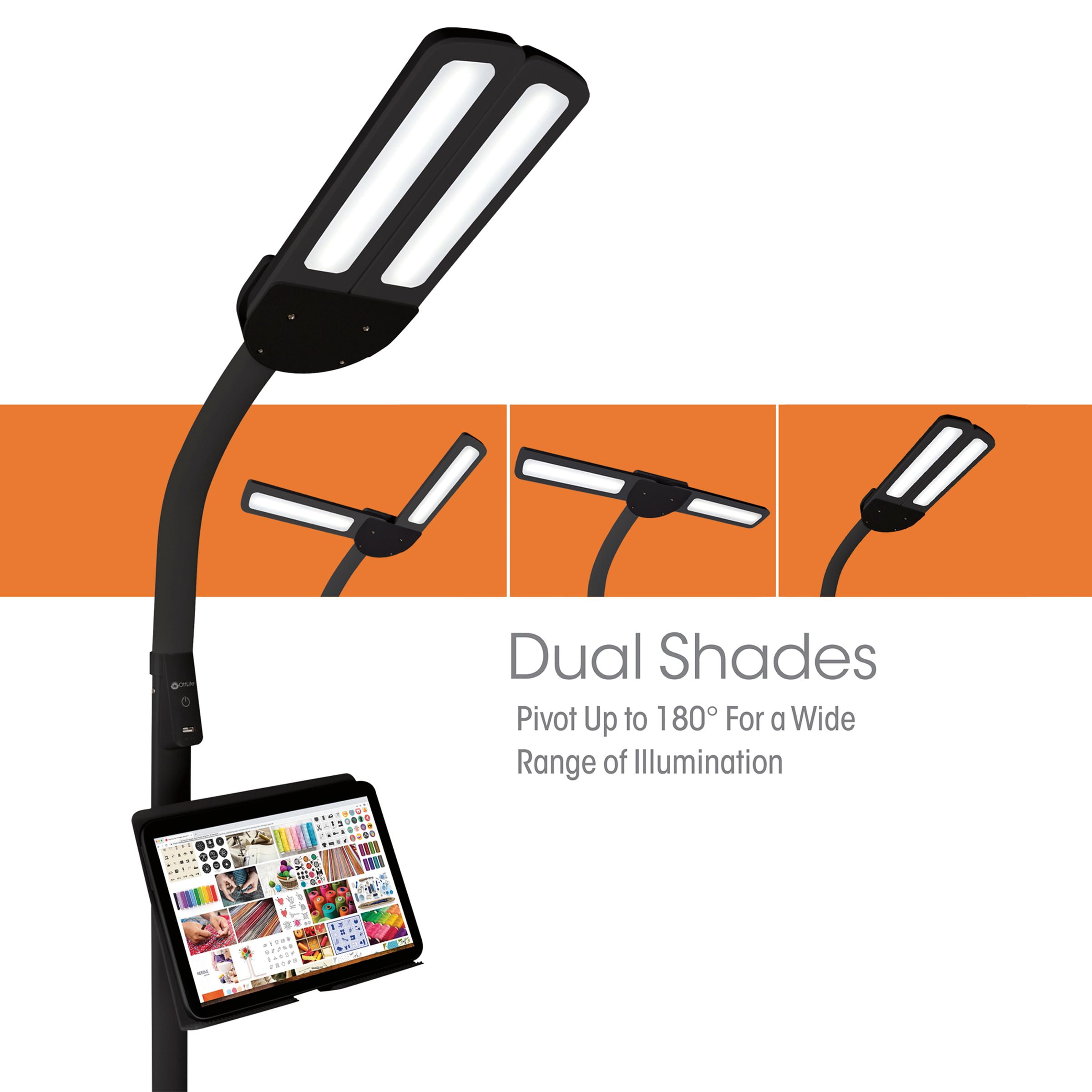 OttLite Dual Shade LED Floor Lamp with USB Charging Station, Black
