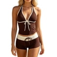 thumbnail image 2 of Y2k Vintage 2 Pieces Bikini Set Coquette Halter Tankini Top with Shorts Whimsy Polka Dot Beach Swimsuit Coffee M, 2 of 7