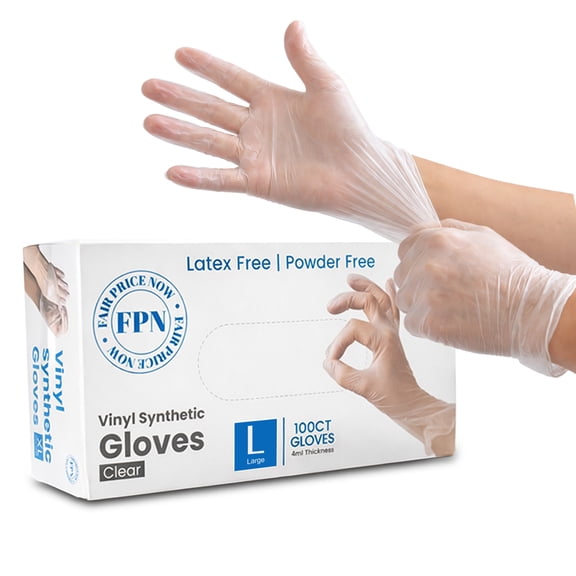 FPN Vinyl Synthetic Gloves, Clear, Powder-Free & Latex-Free – Large 100 Count Box, Disposable, 4 Mil, Gloves for Cleaning, Cooking, Salon, Pet Care