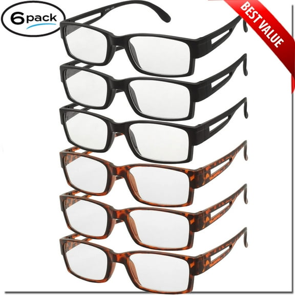 Mens Womens Reading Glasses Square Frame 6 Pack Black Demi Color Readers