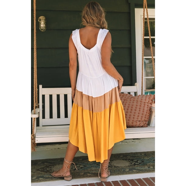 ABPHQTO Vestido a media pierna con cuello cuadrado y bloques de color en capas de color amarillo alto y bajo para mujer