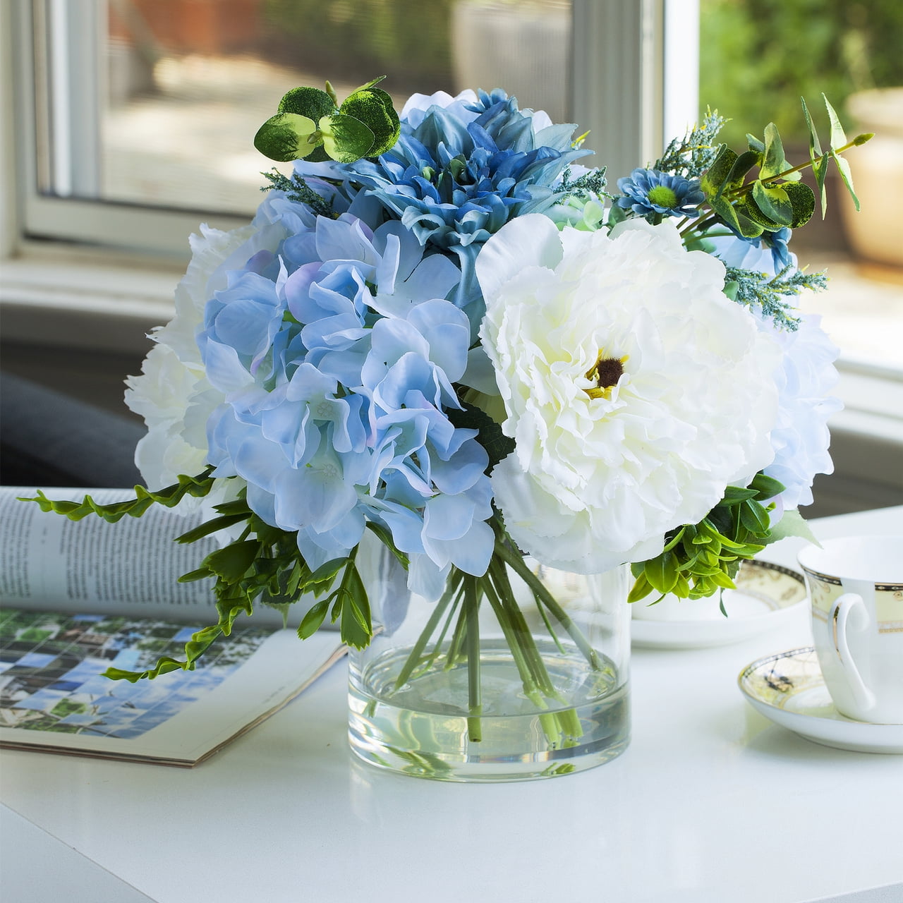 Enova Home Artificial Flowers Mixed Silk Blue Cream Peony and Hydrangea Fake Flowers Arrangement