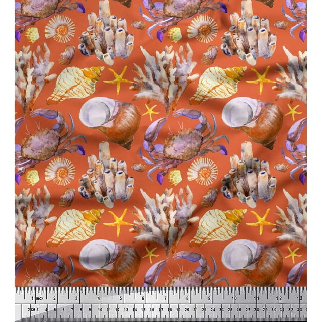 Soimoi Orange Moss Georgette Fabric Crab,Shell & Coral Ocean Print Fabric by Yard 42 Inch Wide