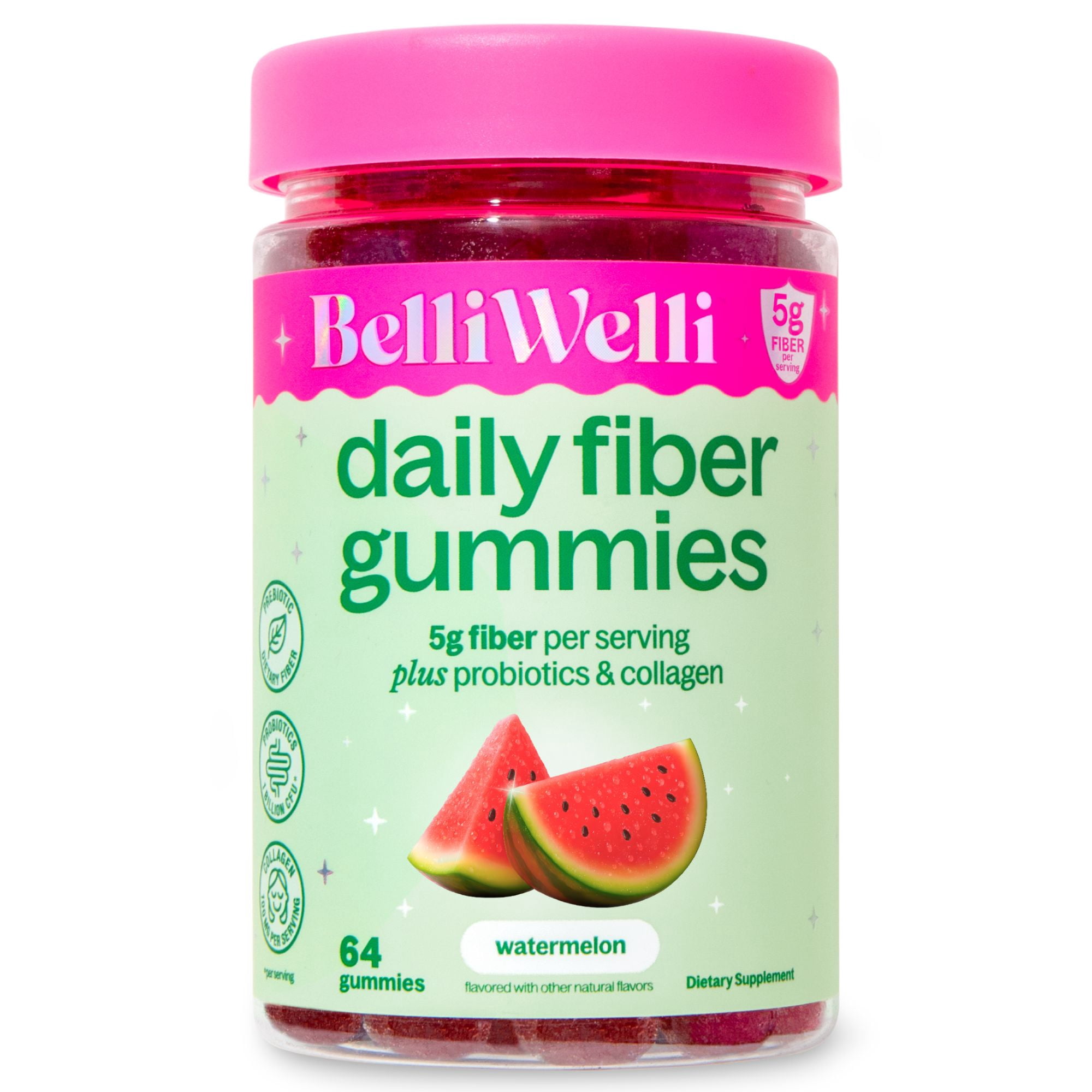 (6 pack) BelliWelli Daily Fiber Gummy Supplement with Probiotics, and Collagen - Watermelon 64 Count