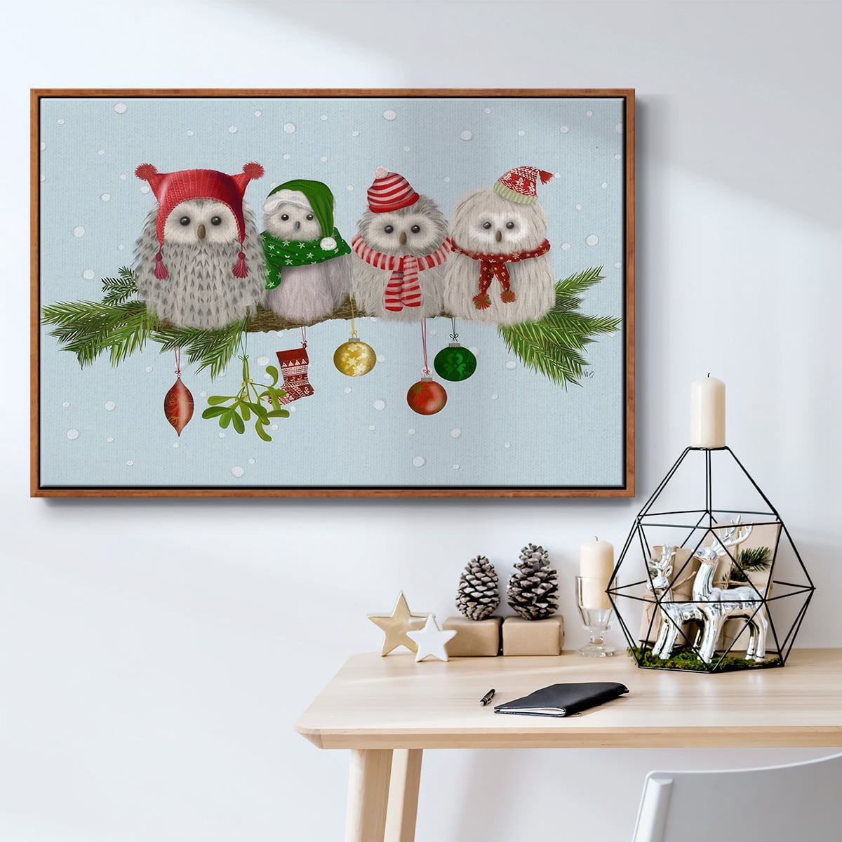 Christmas Fluffy Christmas Owls on Branch - Framed Gallery Wrapped Holiday Canvas - 17 x 25 - Rosewood Frame