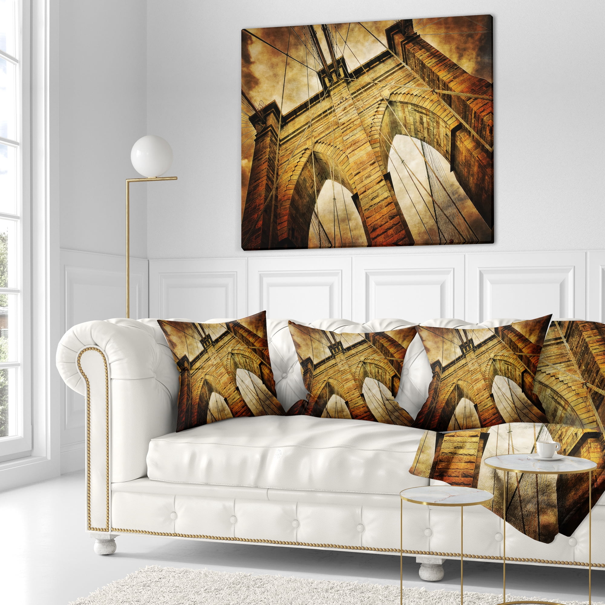 Designart Vintage Brooklyn Bridge - Contemporary Throw Pillow - 16x16