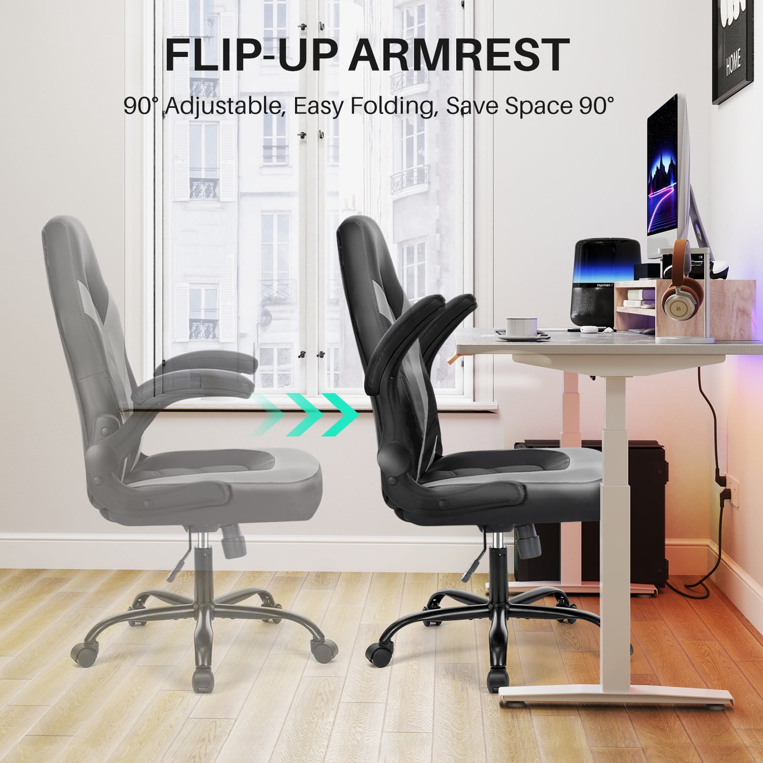 Bigleap Gaming Chair, Ergonomic Office Leather Racing Chair with Flip-up Armrest, Black Gray