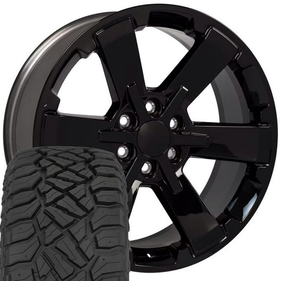 OE Wheels CV41B 22 Inch Rims and Tires Fit Silverado 1500 Rally Style 6x139.7 22x9 Gloss Black - Hollander 5662 - TerraMax RT 285/45-22 (Set of 4)