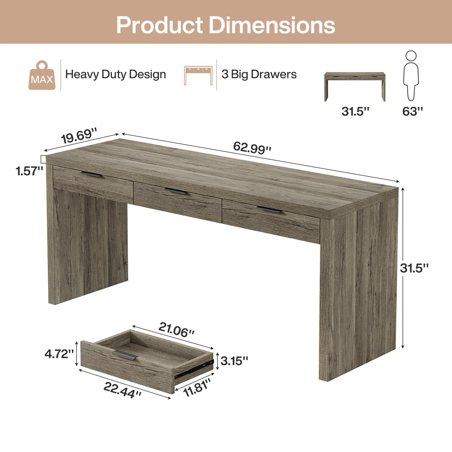 Demi Bonn 62" Modern Gray Wooden Desk, Large Office Writing Table for Living Room, Home Office Furniture, Space-Saving, Gray
