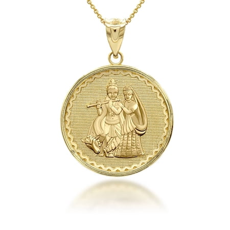 Solid Gold Radha Krishna Hindu Pendant Necklace (10K,Yellow Gold, Pendant With 22" Chain)