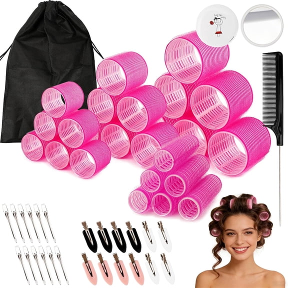 51Pcs Hair Rollers Set, 4 Sizes Hair Rollers for Blowout Look Long Hair with Clips Comb Mirror Bag, Self-Grip Roller Curlers for Volume Medium Short Curly Hair and Bangs, (60/45/36/25mm)