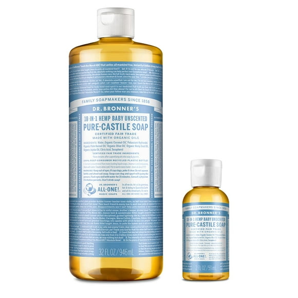 Dr. Bronner's Savon Liquide Pur-Castile Ensemble Non Parfumé pour Bébé. Bouteille de 32 oz. et Bouteille de Voyage de 2 oz.