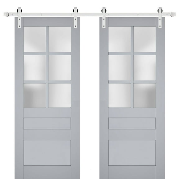 Sturdy Double Barn Door with Frosted Glass | Veregio 7339 Matte Grey | 13FT Rail Hangers Heavy Set | Solid Panel Interior Doors-36" x 96" (2* 18x96)-Silver Rail