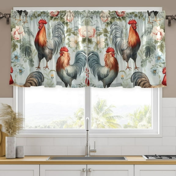 Ryvnso Roosters and Flowers Curtains Sets Short Curtain Rod Pocket Half Window Cafe Farmhouse Tier 2 Panels 57"W x 24"L